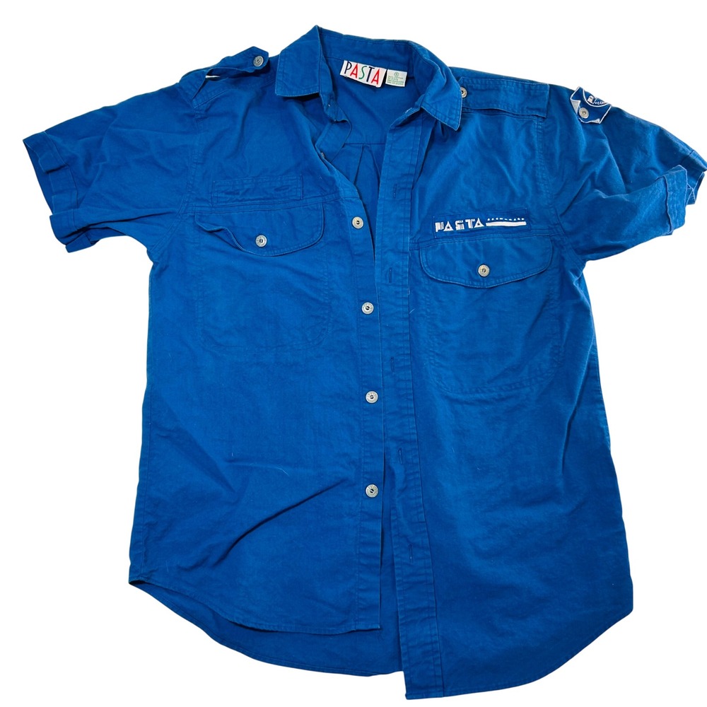 Vintage Pasta Royal Blue Cotton Utility Shirt Short Sleeve Epaulettes Small